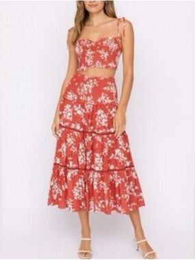House of Harlow 1960 Coral Floral Tiered Midi Skirt